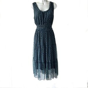Max Studio Mesh Sleeveless Dress Sz L Tiered Babydoll Ruffles Fitted Waist Blue